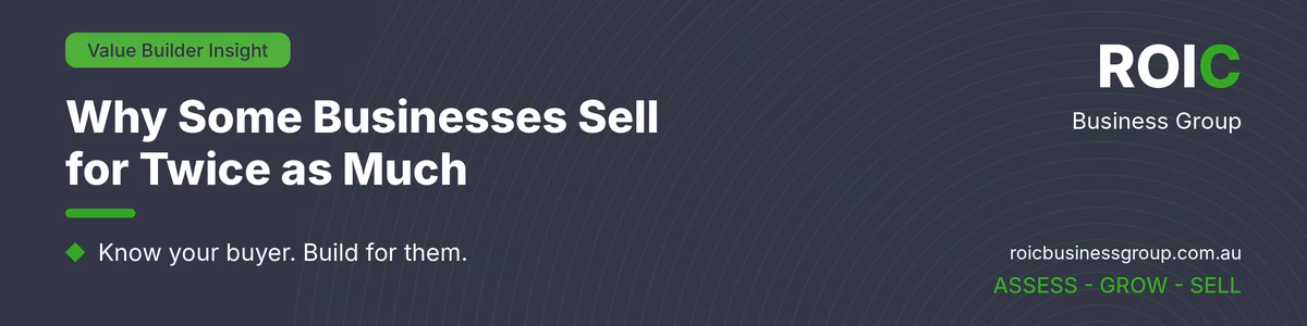 roic-blog-header-1200x300 - ROIC Business Group Value Builder Insight banner showing article title 'Why Some Businesses Sell for Twice as Much' with green accent line and bullet, ROI C Business Group logo on the right, and 'ASSESS - GROW - SELL' tagline on a dark patterned background